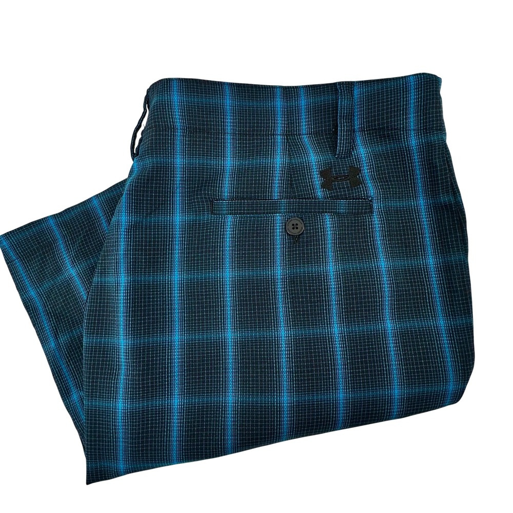 Under Armour Mens 40 Loose Fit Golf Shorts Blue Black Plaid Performance Stretch